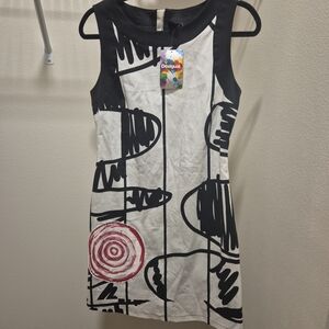 Desigual Black & White Graphic Shift Dress with Red Accent
